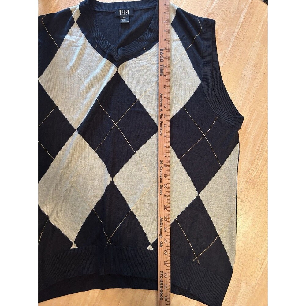 Trust 2XL Black Argyle Sweater Vest V Neck Preppy Golf Grandpa Core Knit Top - Picture 10 of 13